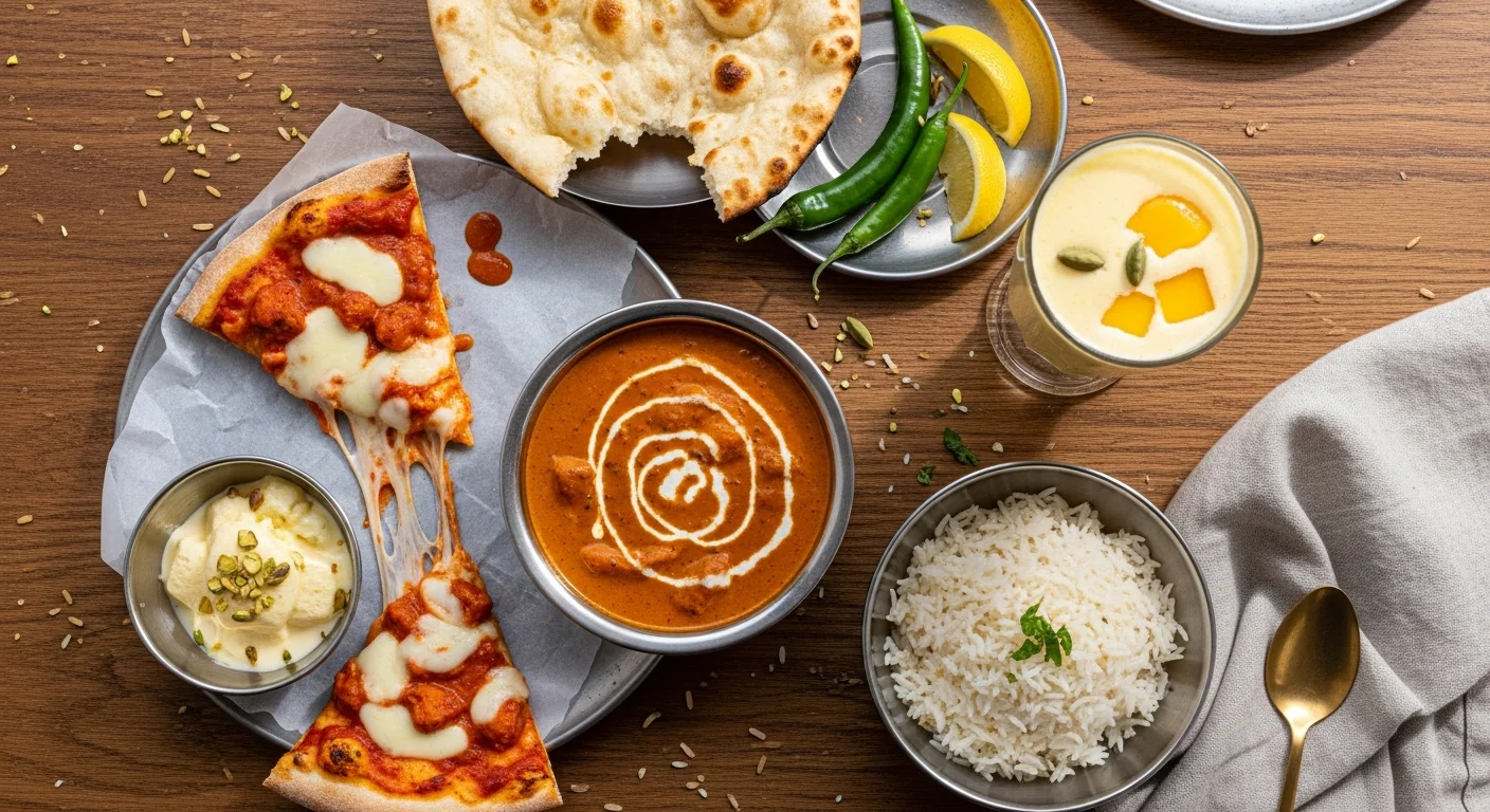 Pizza, butter chicken curry, naan and mango lassi spread